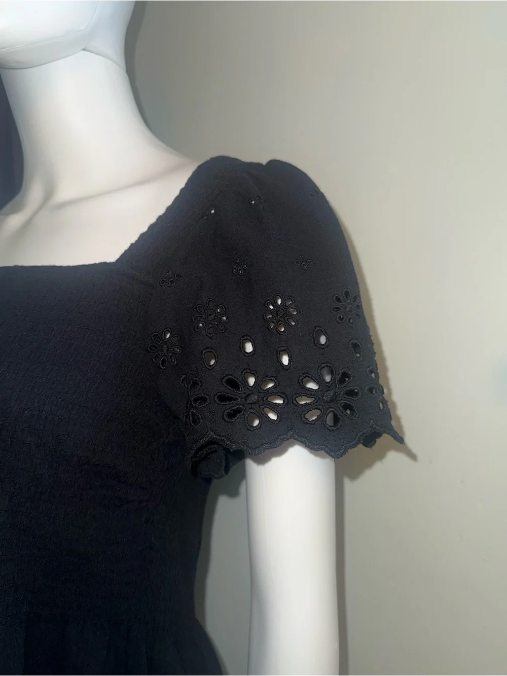 Madewell Black Square-Neck Eyelet Puff Sleeve Peplum Top